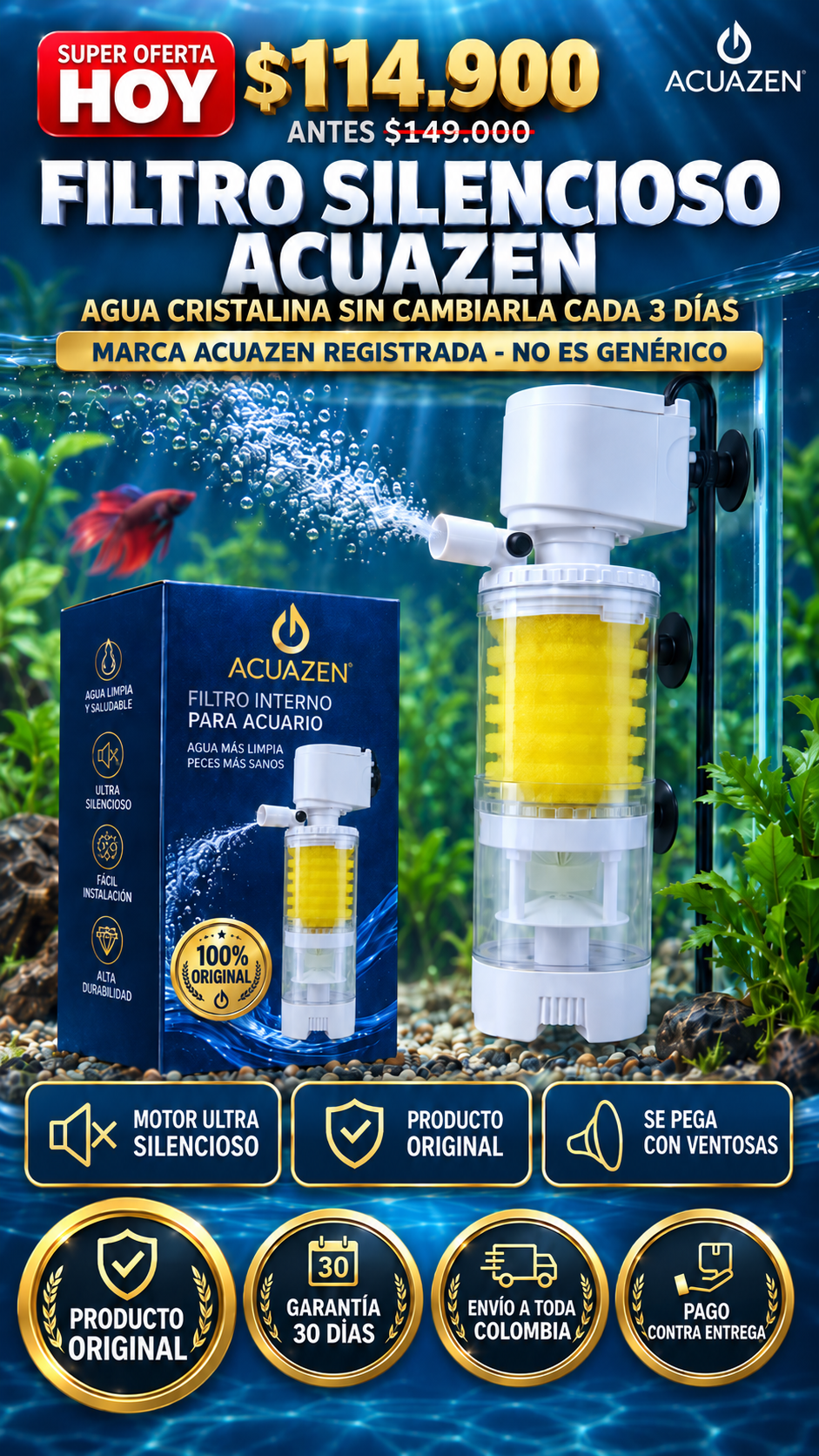 ¿Cansado de cambiarle el agua a la pecera cada 3 días? FILTRO SILENCIOSO ACUAZEN mantiene el agua cristalina por ti, sin ruido y sin esfuerzo.