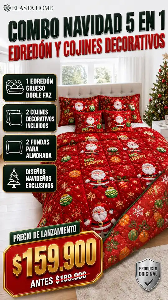 ENDREDON NAVIDEÑO PREMIUN ACOLCHADO DOBLE FAZ + FUNDAS PARA ALMOHADA + DOS COGINES DECORATIVOS DE REAGLO ULTIMAS UNIDADES
