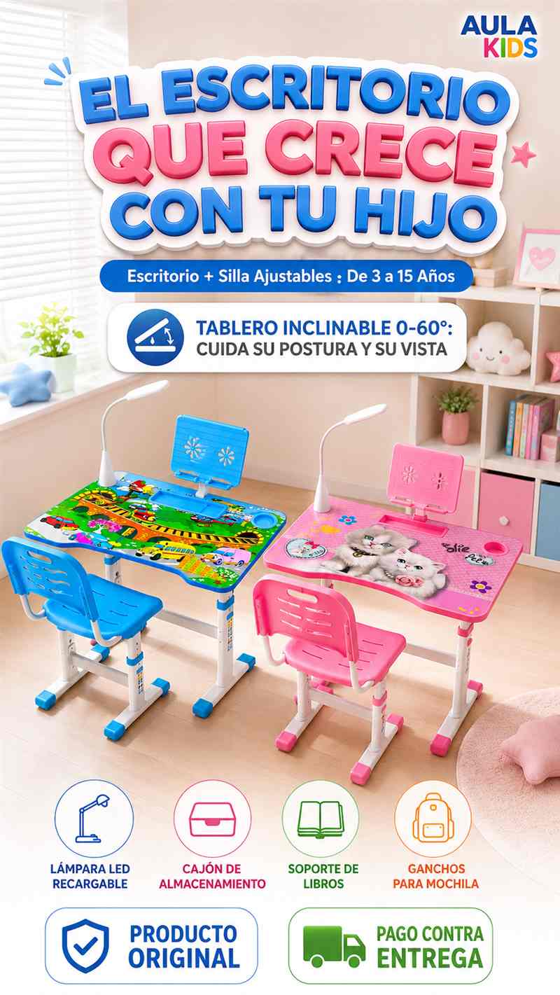 ¿Tu hijo estudia encorvado en la mesa del comedor? Con AULA KIDS tiene tablero inclinable y lámpara LED que cuidan su postura y protegen su vista.