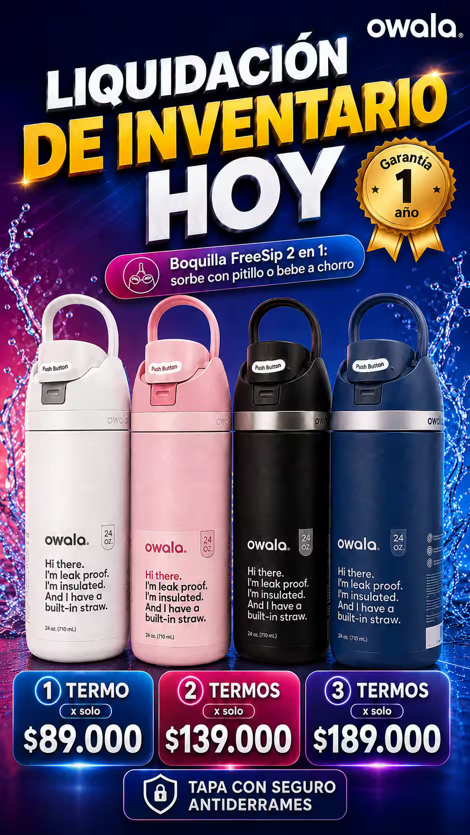 owala 32 onzas de capacidad conserva el frio por 24 horas *con boquilla dual antiderrames