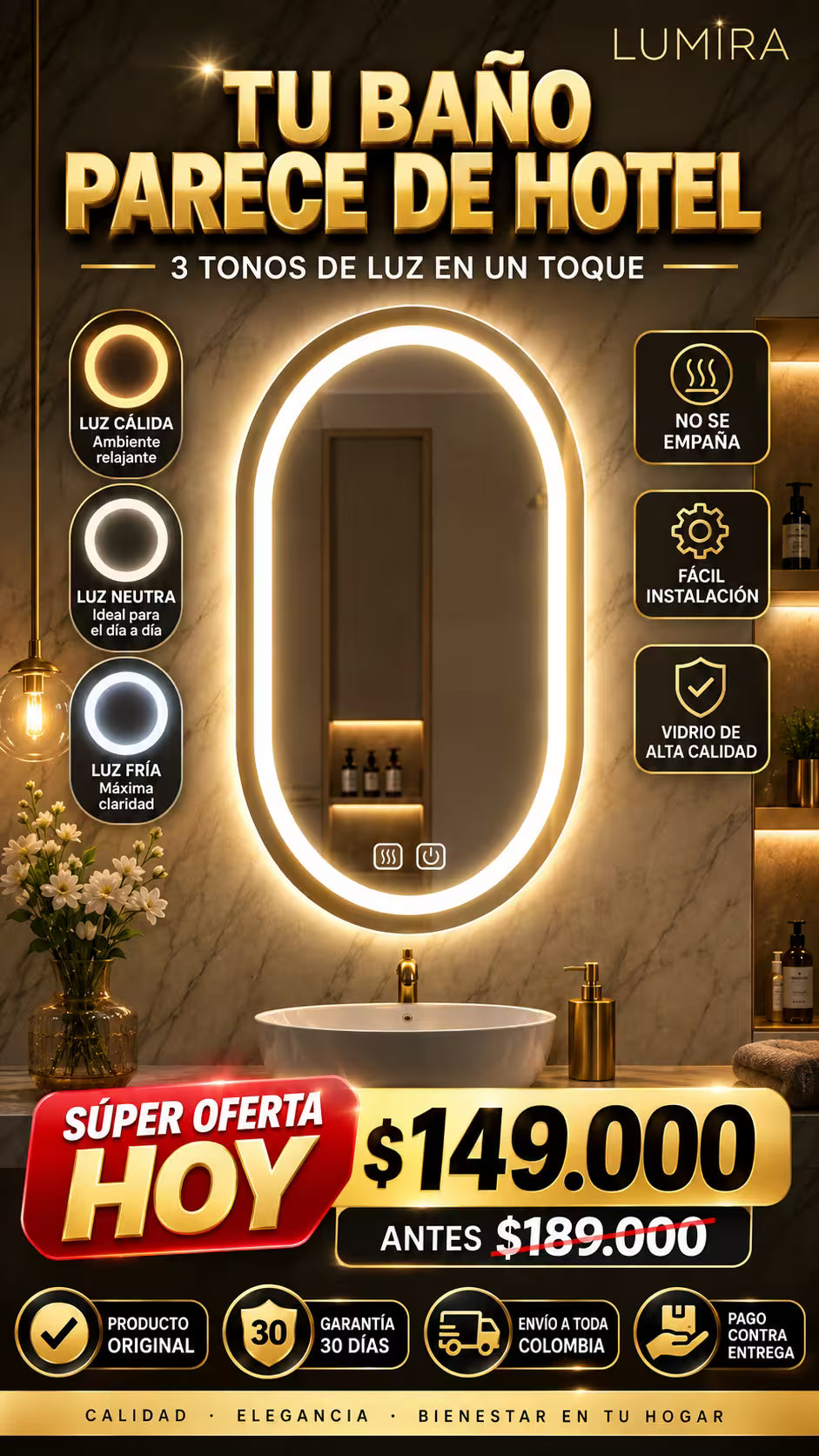 Espejo con luz led intensidad 3 niveles antiempañante facil instalacion has de tu hogar un lugar premiun moderno y elegante