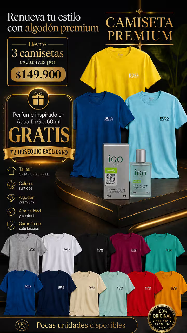 Super promoción camisetas premium x 3 unidades HOY GRATIS LOCION ultimas unidades