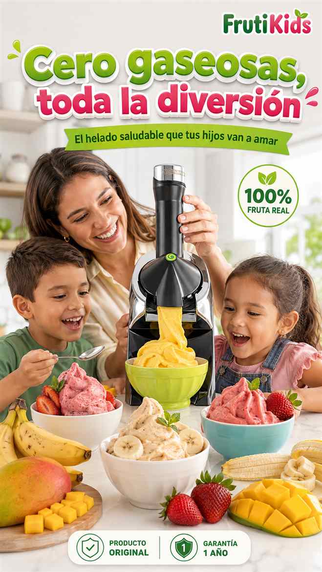FrutiKids™Convierte fruta congelada en un helado cremoso y 100% natural en segundos, sin azúcar añadida, sin conservantes y sin químicos.