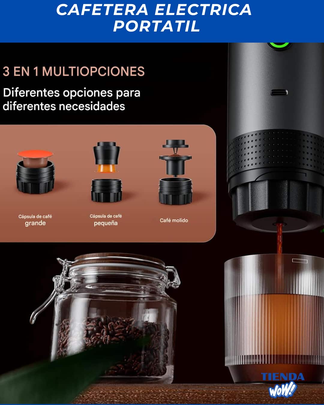 CAFETERA ELECTRICA AMERICANA ORIGINAL tres en uno (compatible con cápsulas, café molido y pods), con calentamiento automático