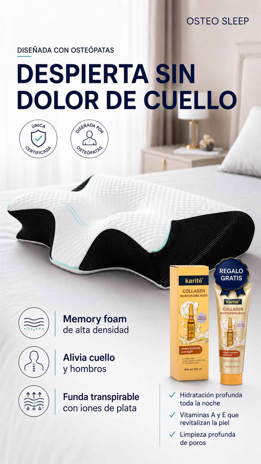 Almohada Cervical Ortopédica OSTEO SLEEP™ Diseñada con osteópatas · Alinea tu columna, libera tu cuello GRATIS MASCARILLA HIDRATANTE CON COLAGENO