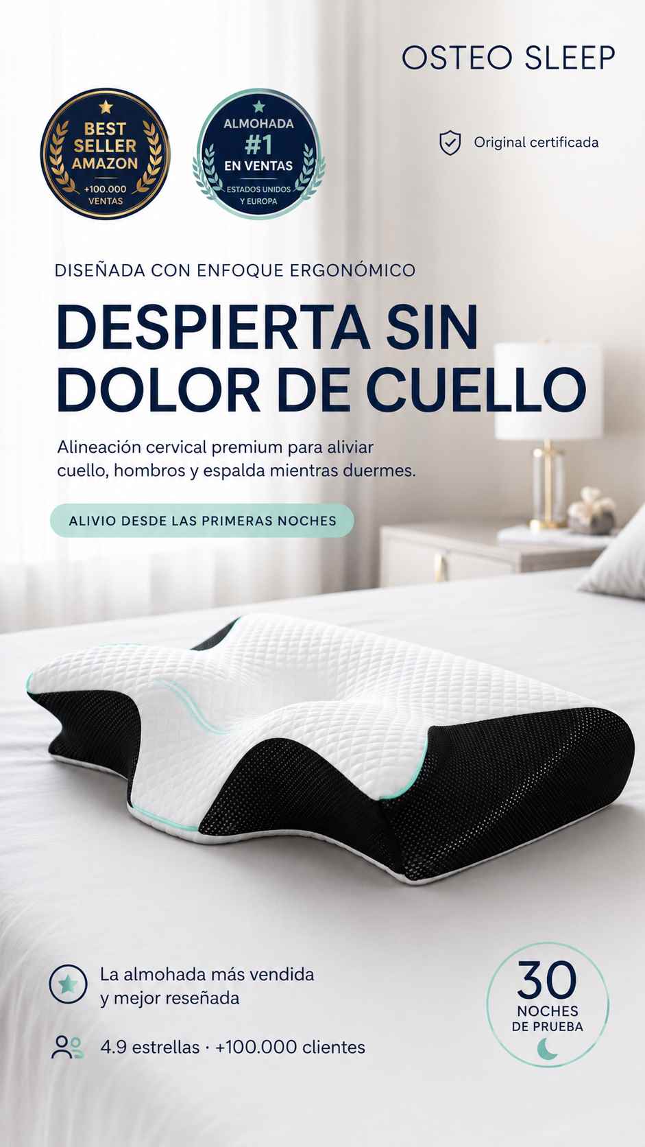 Almohada Cervical Ortopédica OSTEO SLEEP™ Diseñada con osteópatas · Alinea tu columna, libera tu cuello