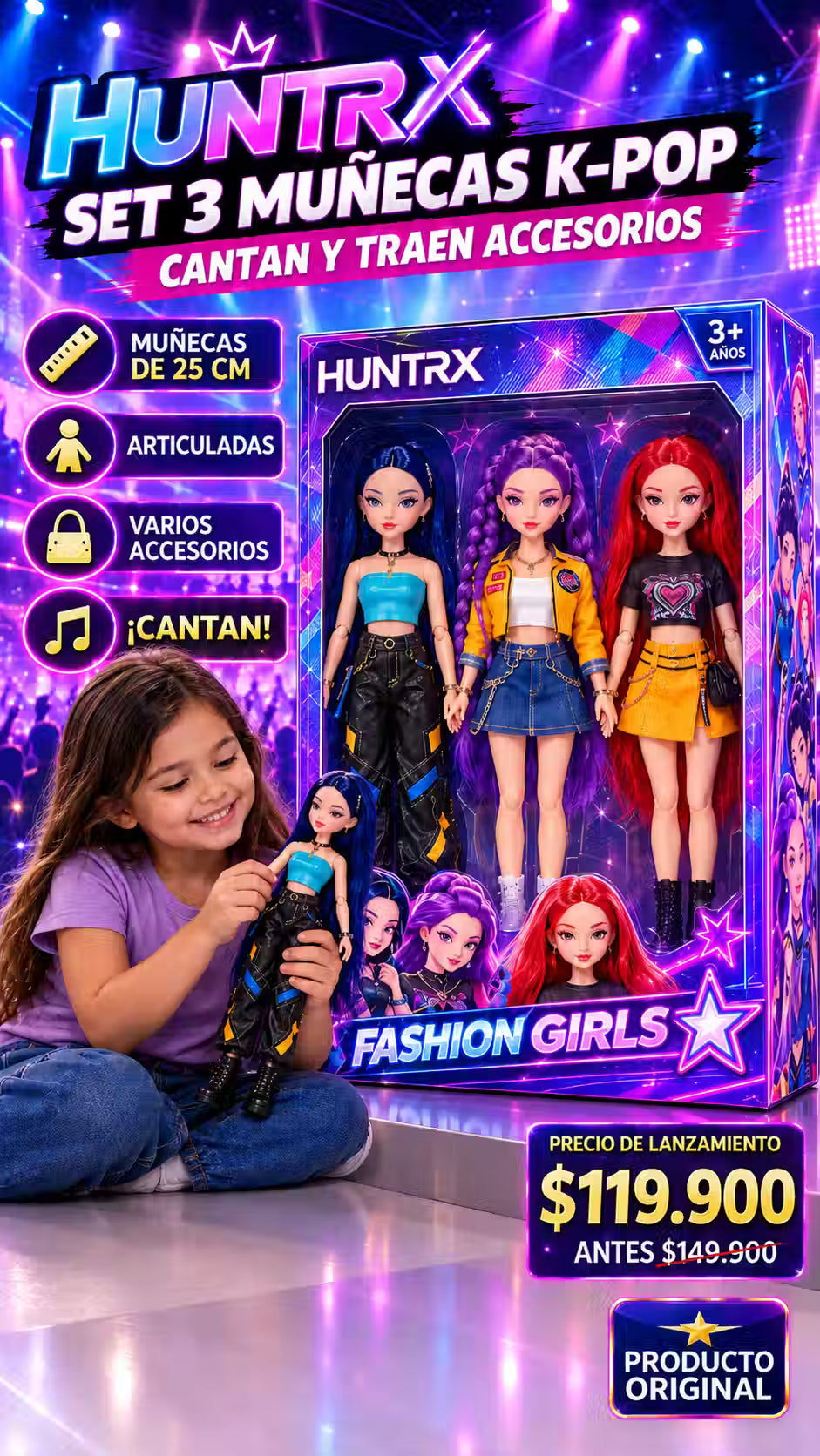 LAS GUERRERAS KPOP GRAN SET X 3 RUMI ,MIRA, Y ZOEY todas en nuestro con musica incorporada precio de preventa
