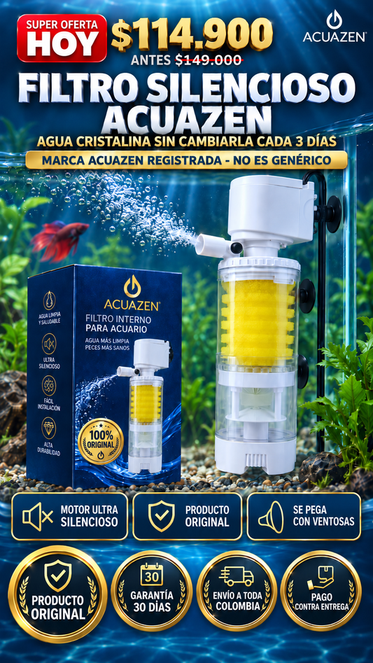 ¿Cansado de cambiarle el agua a la pecera cada 3 días? FILTRO SILENCIOSO ACUAZEN mantiene el agua cristalina por ti, sin ruido y sin esfuerzo.