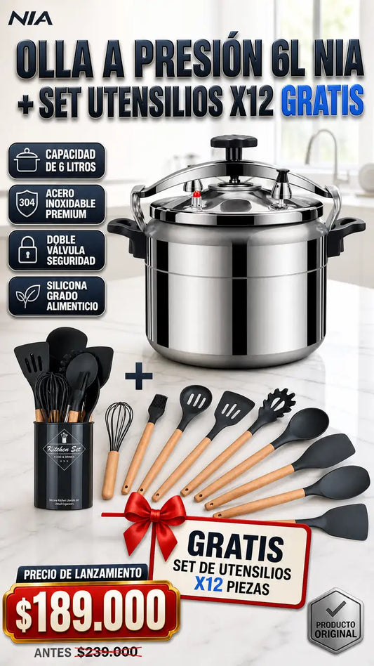 OLLA A PRESION SEIS LITROS NIA ORIGINAL + SET DE UTENSILIOS DE COCINA X 12 PIEZAS SUPER PROMOCION