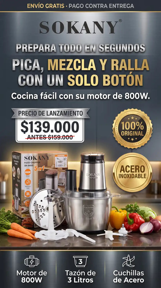 PICADORA SOKANY ORIGINAL  3 litros 5 en 1 pica muele ralla pela mezcla y tritura seis cuchillas