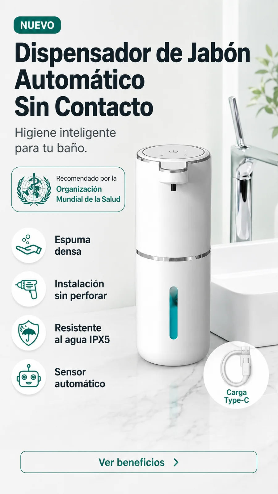 Dispensador de jabon recargable con sensor SaniDrop la limpieza empieza son tocar