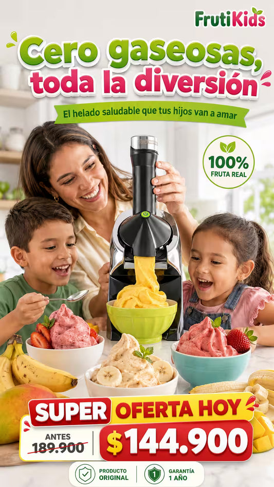 FrutiKids™Convierte fruta congelada en un helado cremoso y 100% natural en segundos, sin azúcar añadida, sin conservantes y sin químicos.