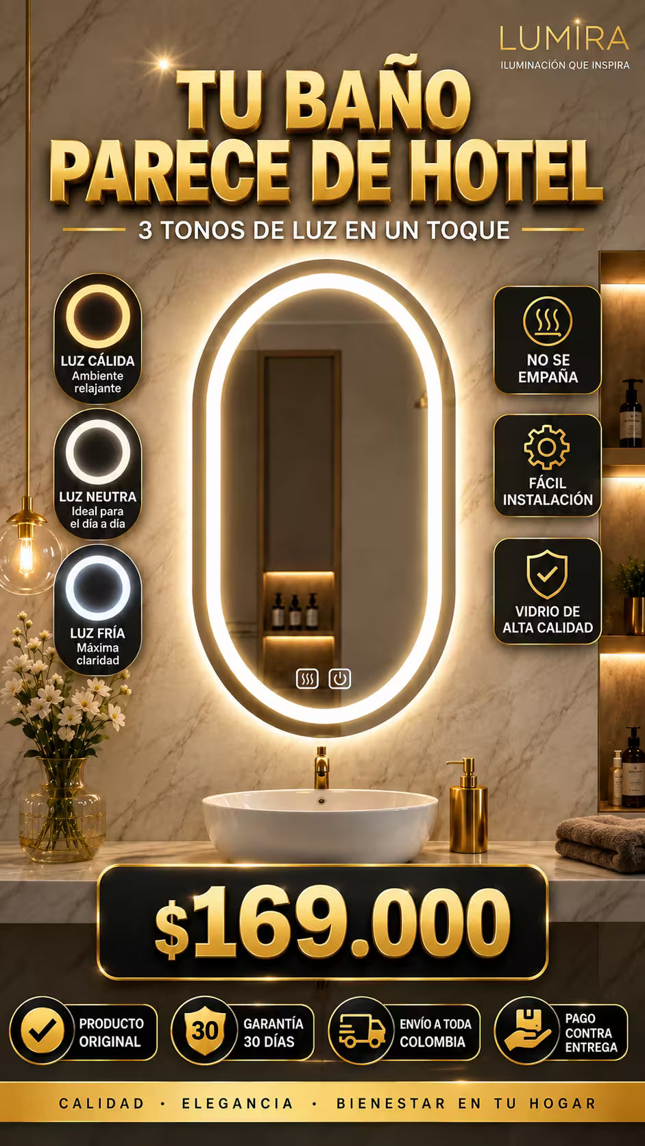 Espejo con luz led 3 intensidades 70 alto x 50 de ancho coleccion premiun LUMIARA