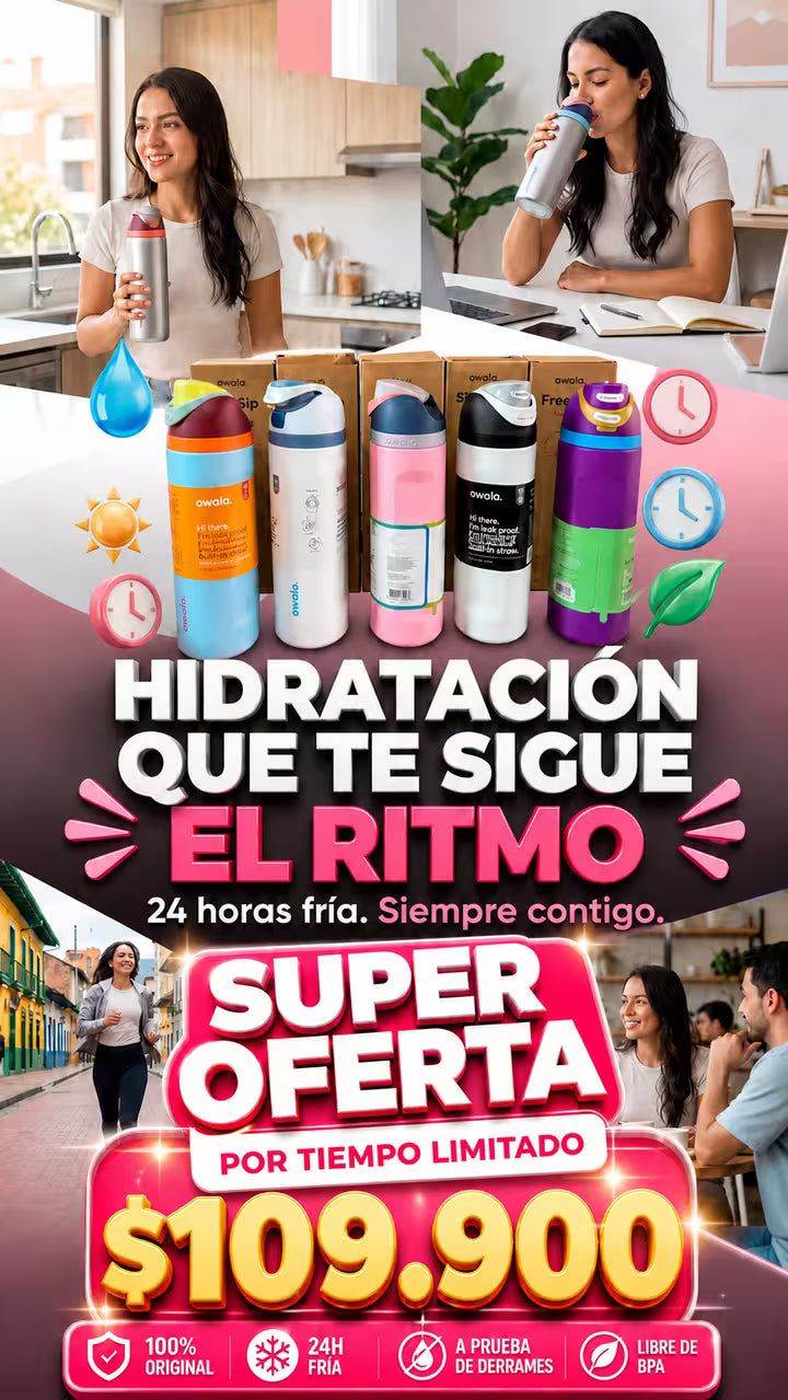 owala  32 onzas de capacidad conserva el frop por 24 horas  con boquilla dual antiderrames