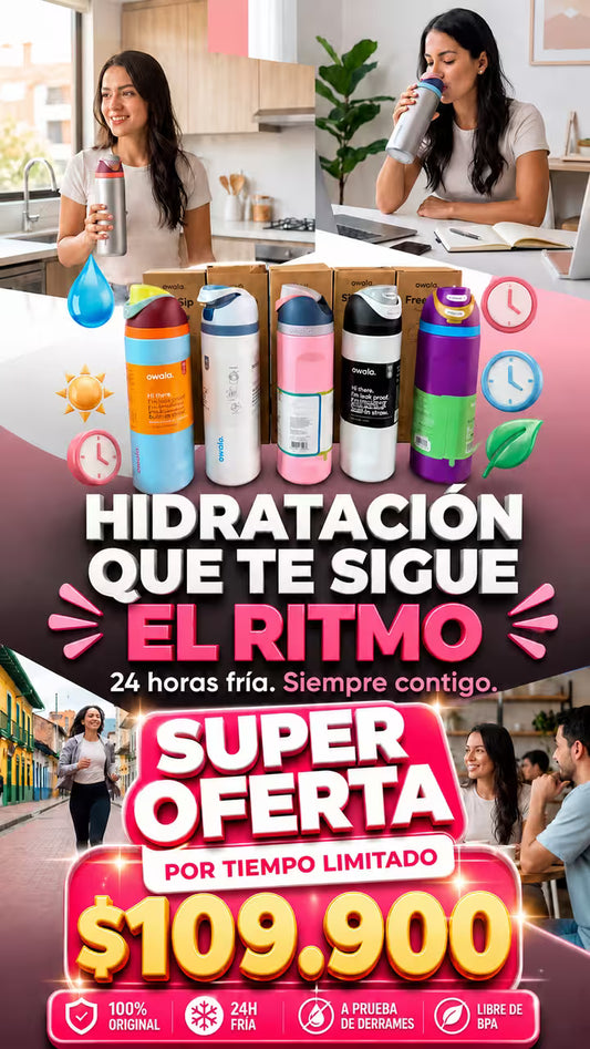 owala  32 onzas de capacidad conserva el frop por 24 horas  con boquilla dual antiderrames