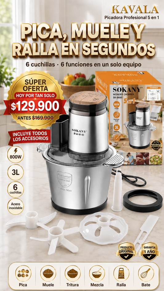 PICADORA SOKANY ORIGINAL  5 en 1 capacidad 3 litros pica muele tritura ralla mezcla y bate incluye accesorios