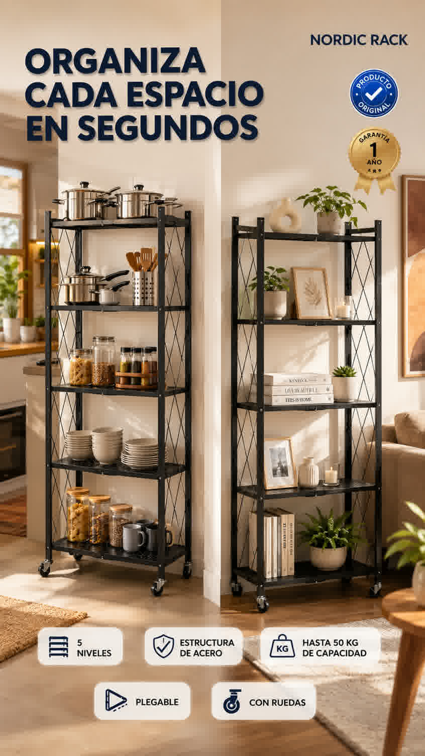 NORDIC RACK — Organizador Plegable de 5 Niveles con Ruedas Organiza cada rincón de tu casa en segundos
