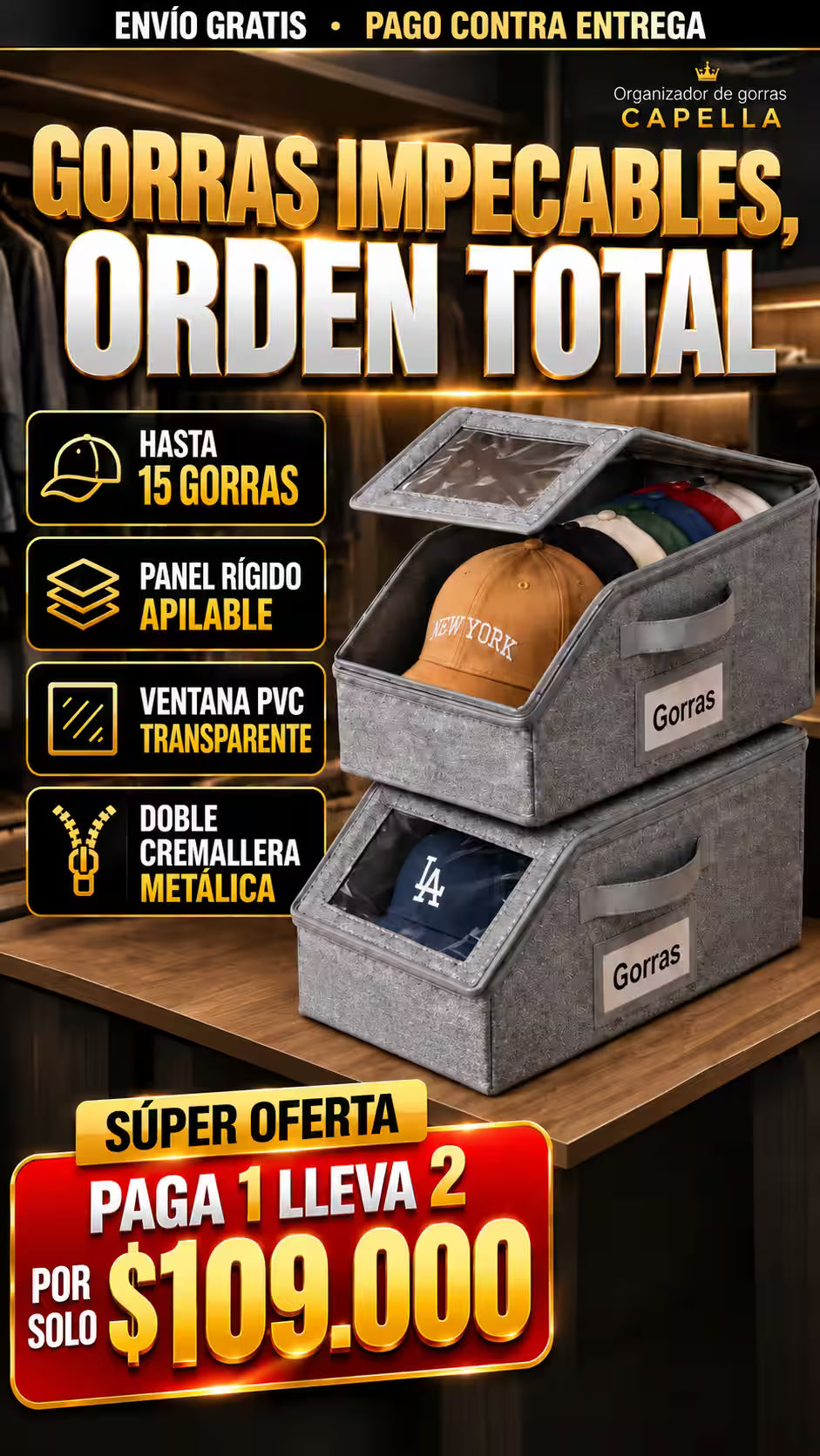 ¿Gorras aplastadas y deformadas en el clóset? El organizador CAPELLA cuida su forma y las exhibe como en tienda