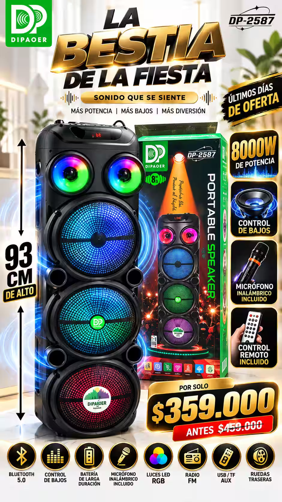 CABINA PARTY BOX XXL 93 CM DE PURA POTENCIA MICROFONO INHALAMBRICO BATERIA RECARGABLE Y CORRIENTE