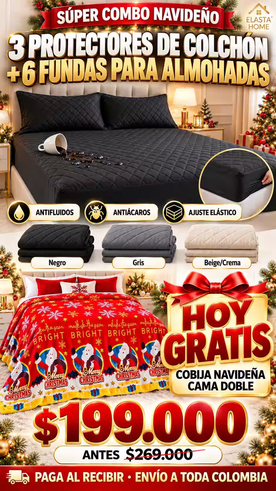 GRAN COMBO NAVIDEÑO 3 PROTECTORES DE COLCHON CAMA SENCILLA DOBLE O KING + SEIS FUNDAS PAR ALMOHADA  HOY GRATIS COBIJA NAVIDEÑA PARA CAMA DOBLE