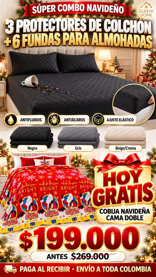 GRAN COMBO NAVIDEÑO 3 PROTECTORES DE COLCHON CAMA SENCILLA DOBLE O KING + SEIS FUNDAS PAR ALMOHADA  HOY GRATIS COBIJA NAVIDEÑA PARA CAMA DOBLE